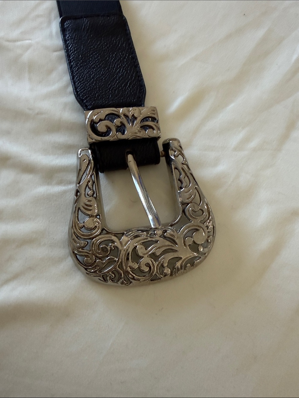 Black Western-Style Double Buckle Belt with Ornate Silver Hardware #33in stretch - Picture 4 of 5